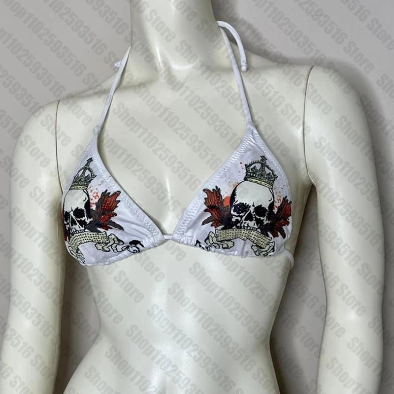 Sexy White Gothic Skull Print Triangle Bikini Swimwear Beachwear