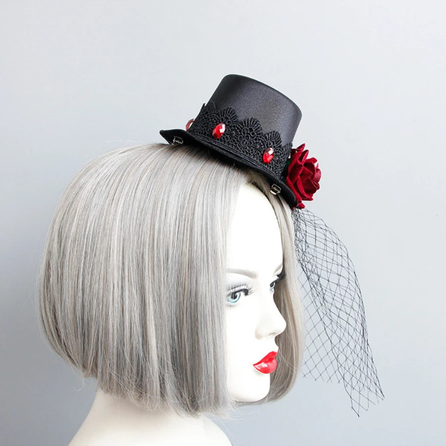 Steampunk Victorian Vampire Gothic Mini Top Hat Fascinator Black Veil Halloween Fancy Dress Costume