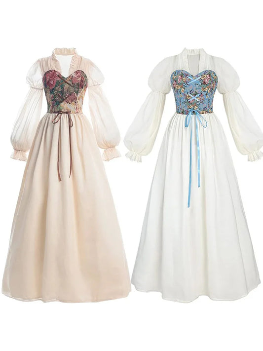Medieval Renaissance Pirate Maid Elegant Floral Maxi Dress