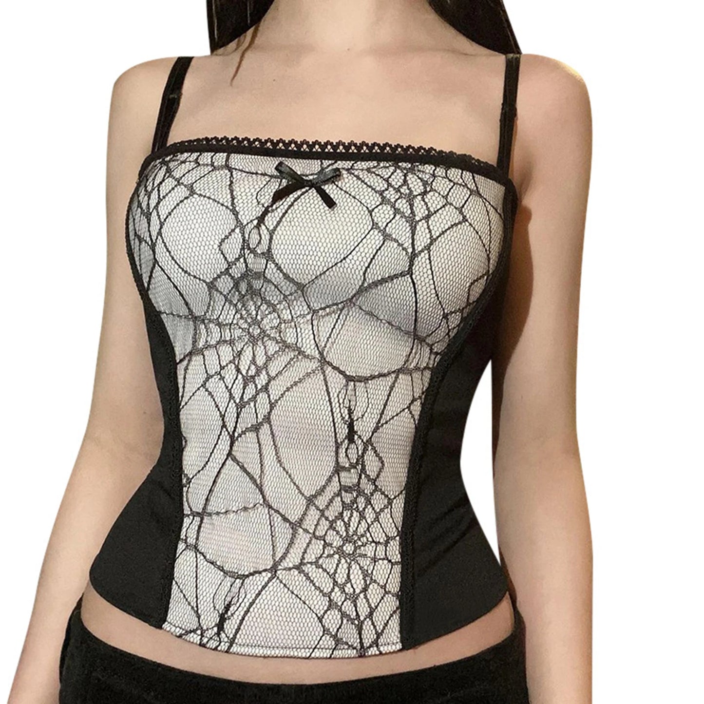 Gothic Cami Y2K Grunge Crop Top Mesh Spider Net Lace Vest