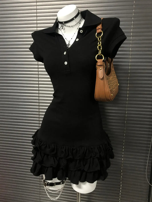 Punk Gothic Black Sexy Polo Shirt Mini Dress