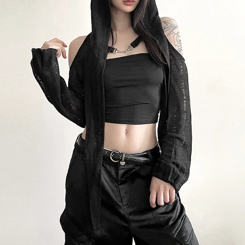 Black Alternative Grunge Open Shoulder Y2k Crop Hooded Cardigans Shrug