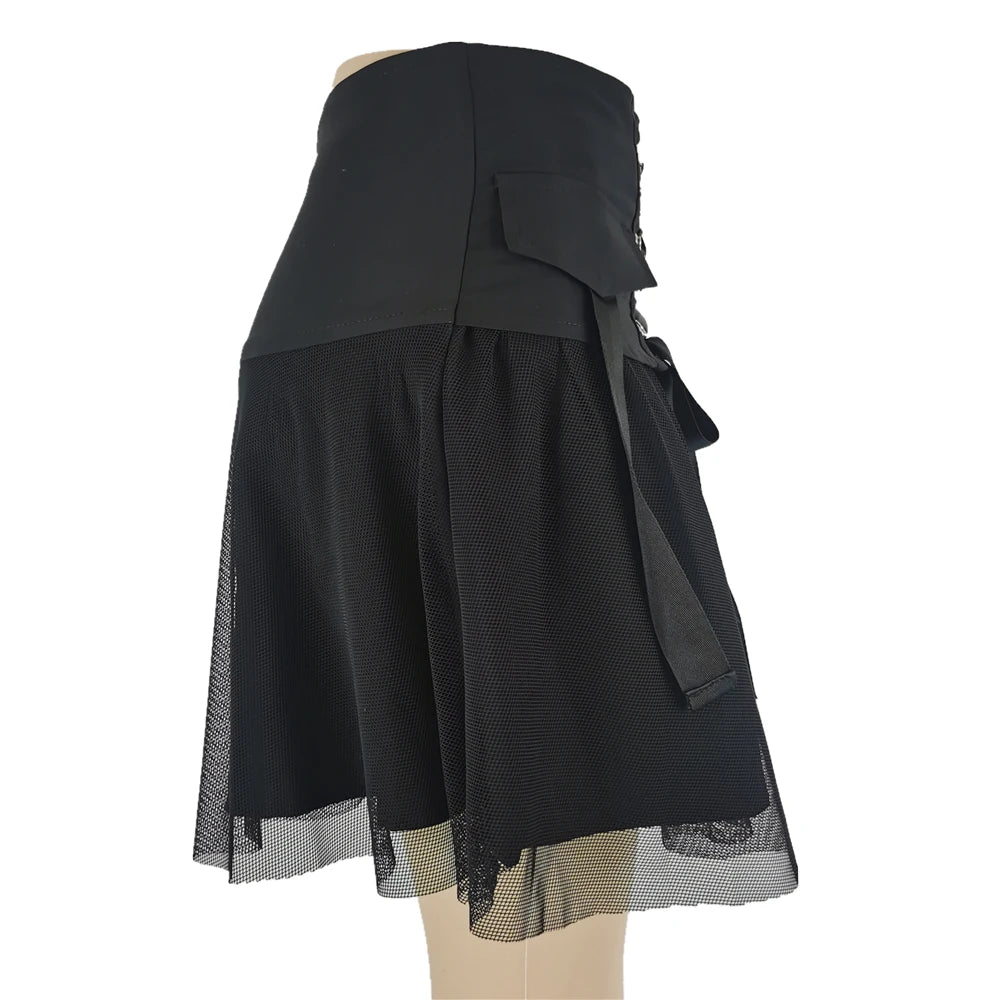 Gothic Black Lace up Chiffon Skirt