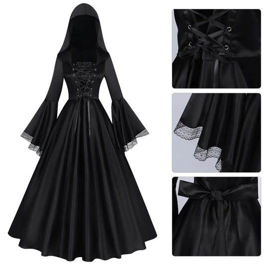 Medieval Pagan Witch Dark Gothic Hooded Long Dress Costume Gown