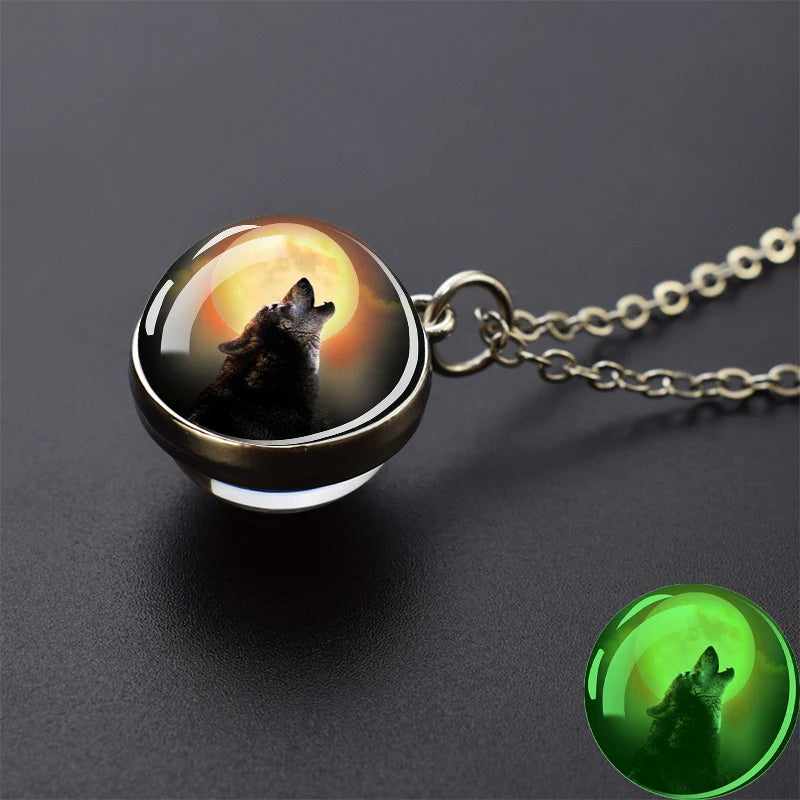 Glow in the Dark Wolf Necklaces Howling Wolf Head and Moon 2CM Glass Ball Pendant Double Sided
