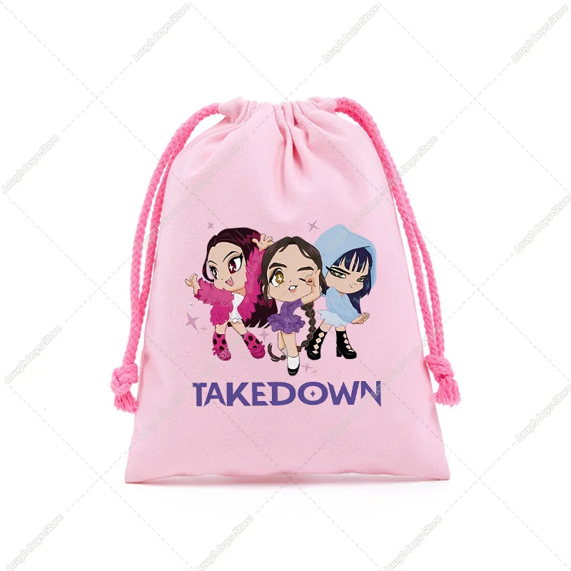 KPop Demon Hunters Merch Drawstring Purse Pouch Swim/PE Kit Swim Book Bag Huntrix Derpy Tiger Gift