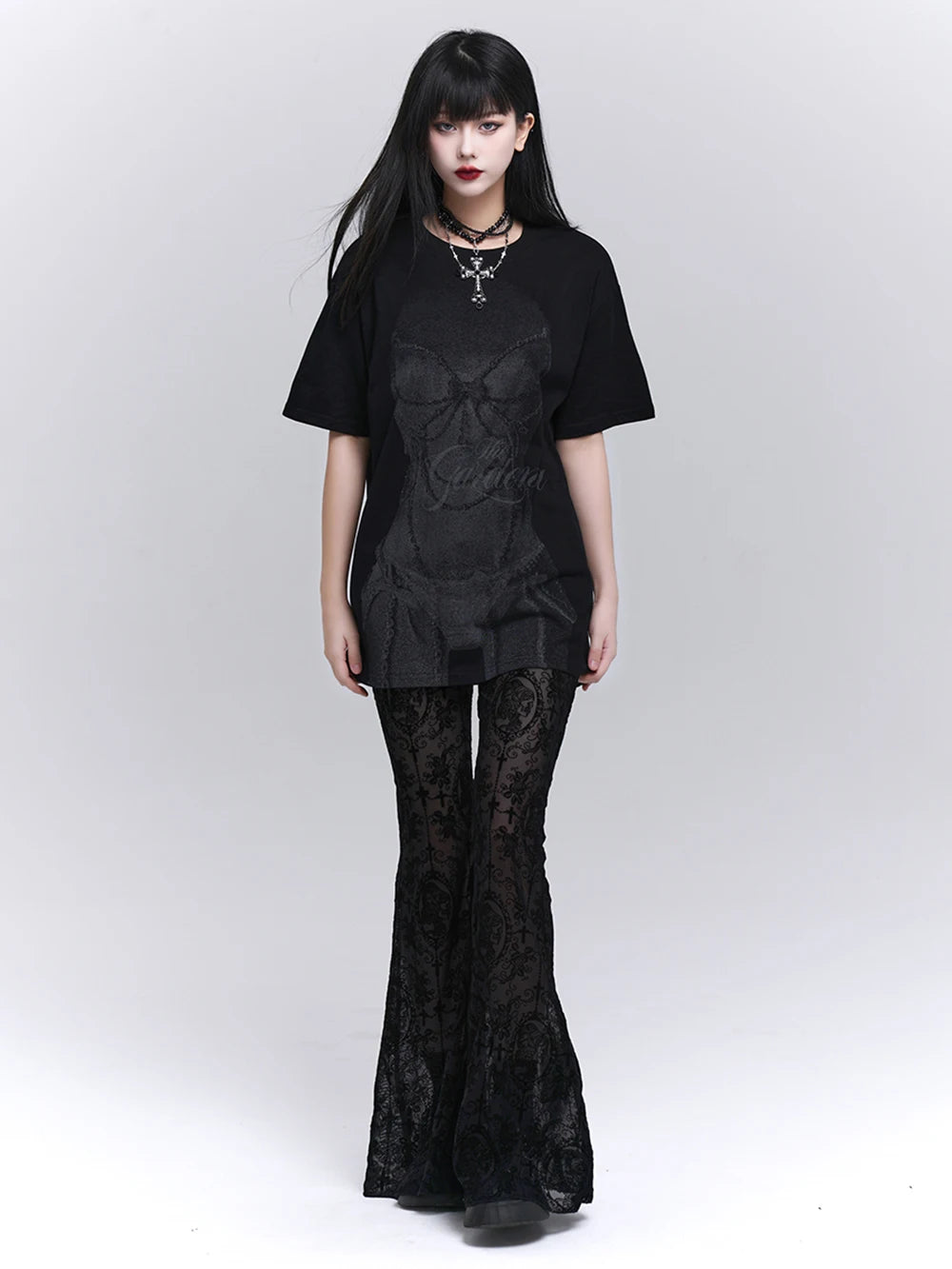 Sexy Black Lace Mesh Bell Bottom Pants Gothic Flare Trousers