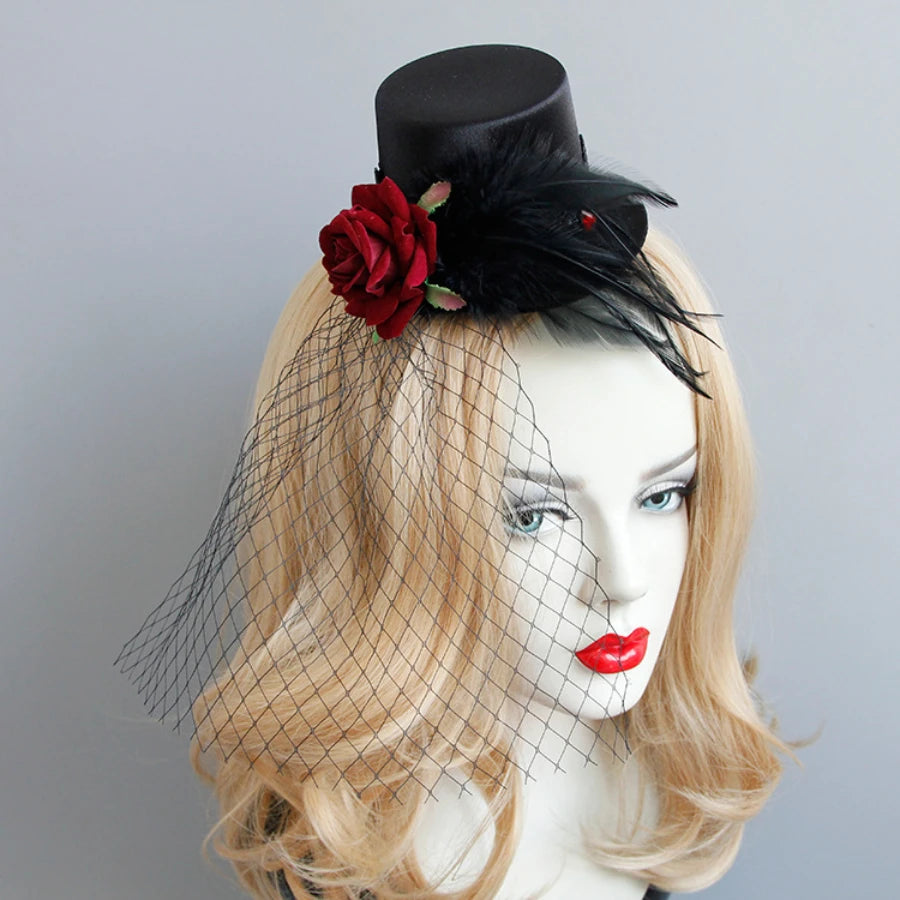 Steampunk Victorian Vampire Gothic Mini Top Hat Fascinator Black Veil Halloween Fancy Dress Costume