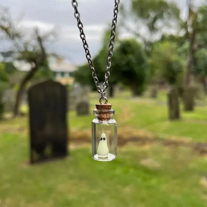 The Adopt A Ghost Necklace, Glow-In-The-Dark Halloween Necklace, Tiny Ghost in A Bottle Pendant Necklace
