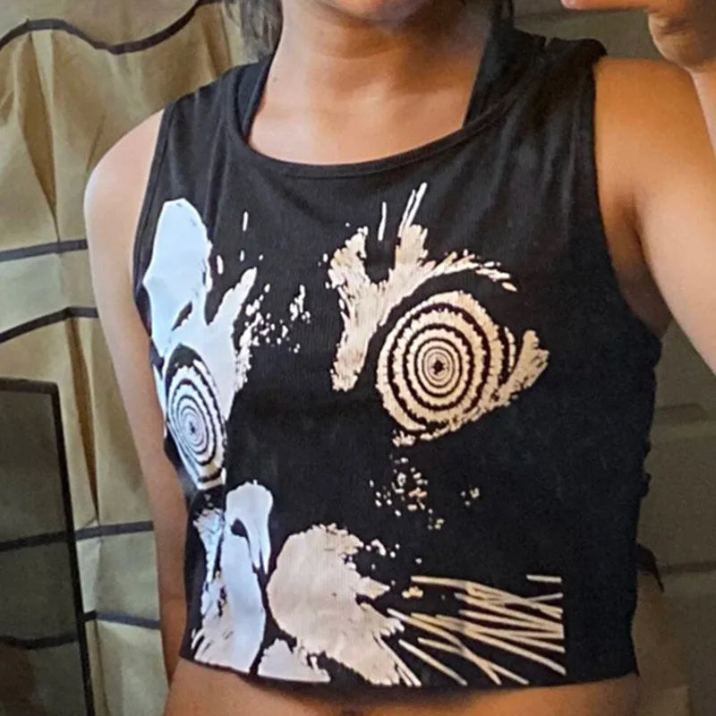 Cute Grunge Black Gothic Cat Kawaii Crop Tank Top Vest TShirt