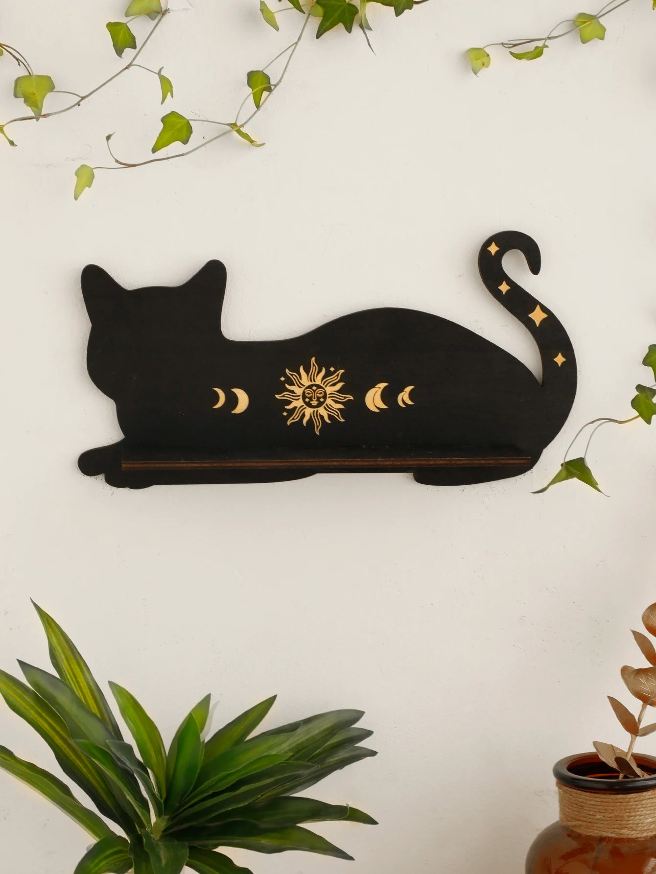 Black Cat Wooden Shelf Gothic Moon Phase Home Decor
