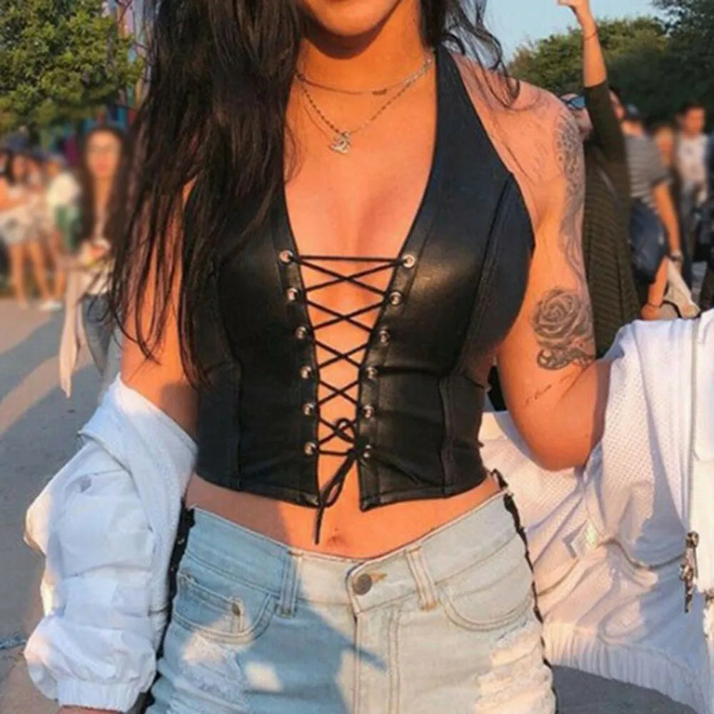 Sexy Lingerie Gothic Patent Leather Lace-Up Halter Vest Corset Top