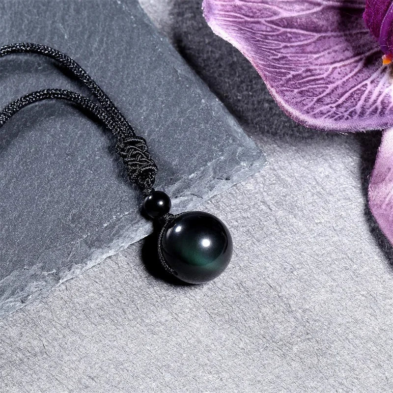 16 Mm Black Obsidian Tiger Eyes Amethyst Stone Necklaces with Adjustable Braided Rope Cords Natural Crystal Pendant