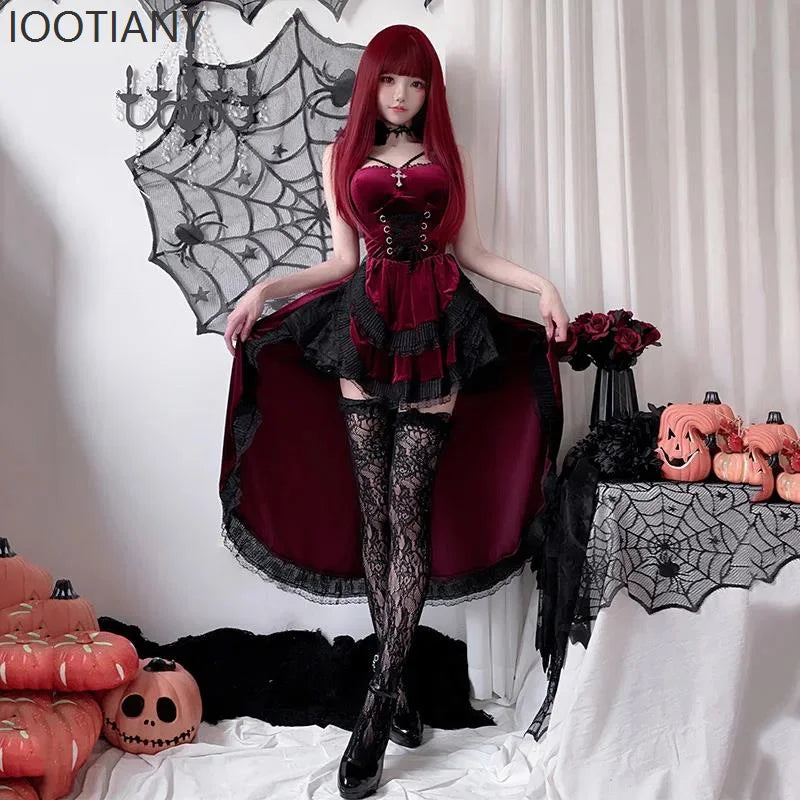 Halloween Dark Gothic Ladies Victorian Red Velvet Dress Costume