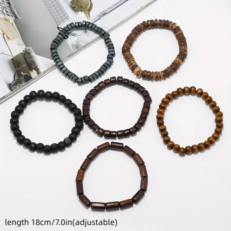 6pcs/set Fashion Men's Hand-beaded Bracelet Vintage Style Multi-layer Stretch Wood Bead Shell Charm Bracelet