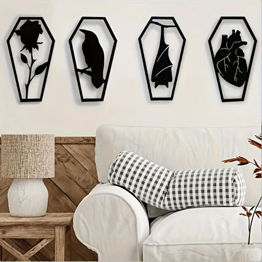 Coffin Shaped Gothic Home Decor Wooden Bat Crow Decoration Wall Hanging Art