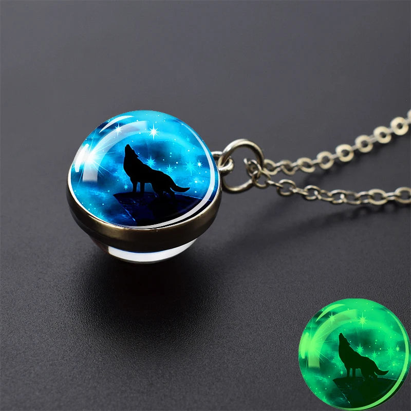 Glow in the Dark Wolf Necklaces Howling Wolf Head and Moon 2CM Glass Ball Pendant Double Sided
