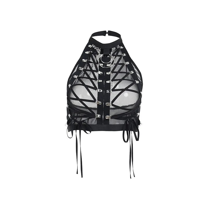 Sexy Punk Gothic Halter Sheer Buckle Mesh Backless Lace up Crop Top