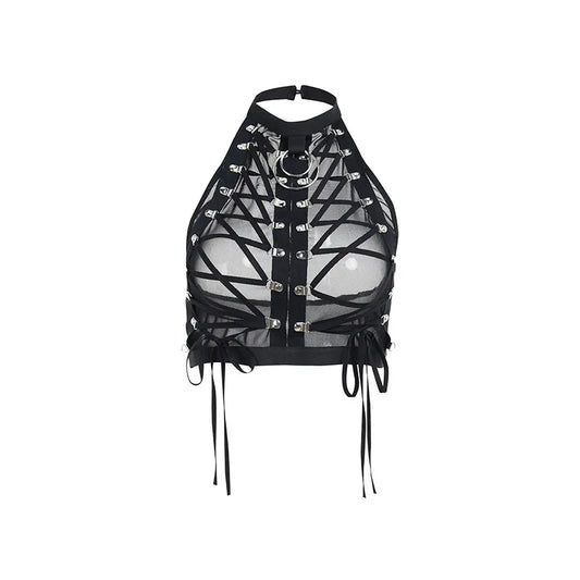 Sexy Punk Gothic Halter Sheer Buckle Mesh Backless Lace up Crop Top