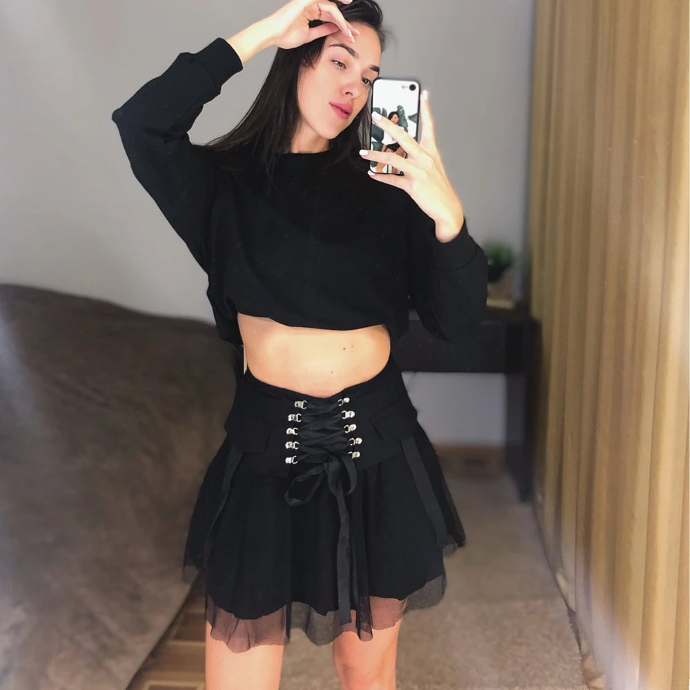 Gothic Black Lace up Chiffon Skirt