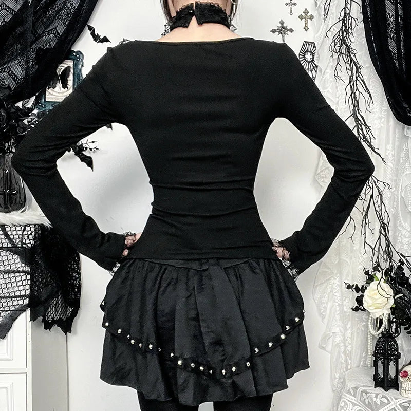 Black Gothic Lace Side Long Sleeve Tops T-shirts Mall Goth