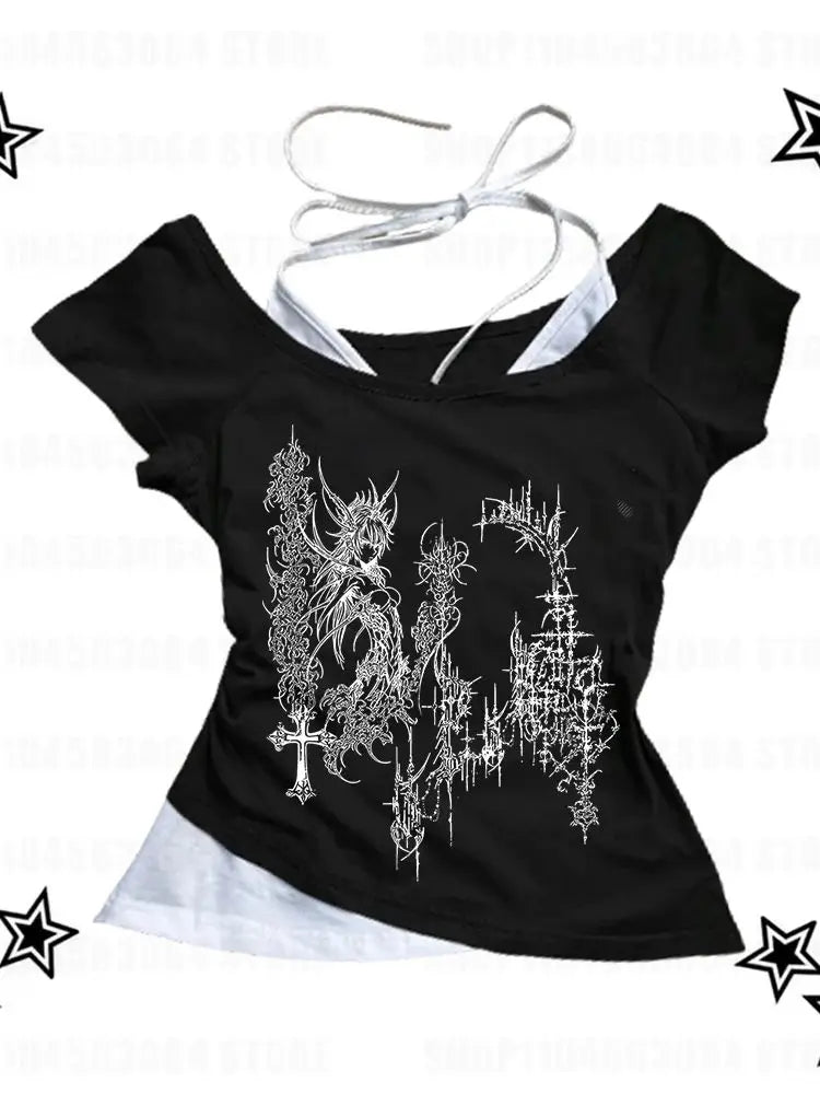 Black White 2000s Y2k TShirt 2 in 1 Vest Top