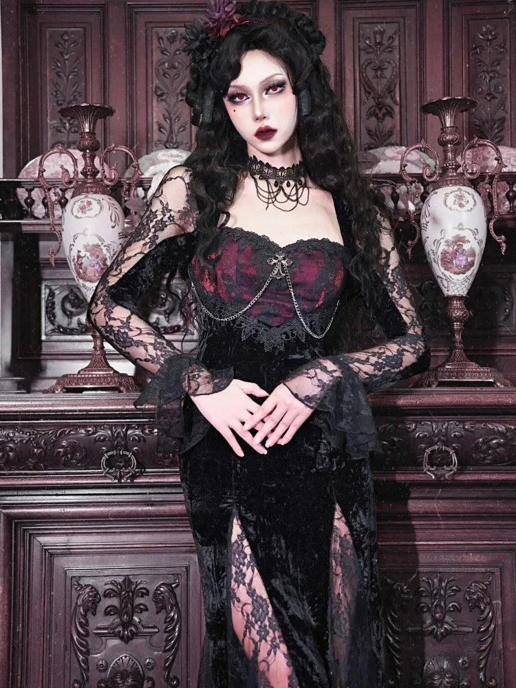 Sexy Victorian Gothic Fitted Black Velvet Lace Vampire Dress