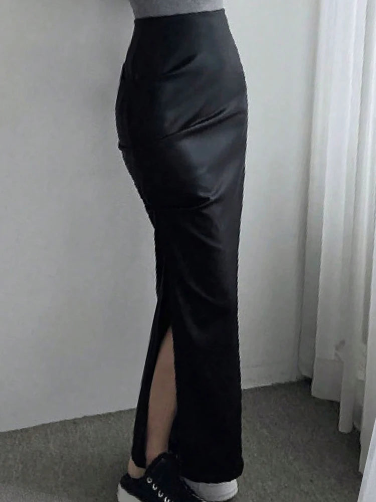 Long Black PU Leather Gothic Pencil Skirt