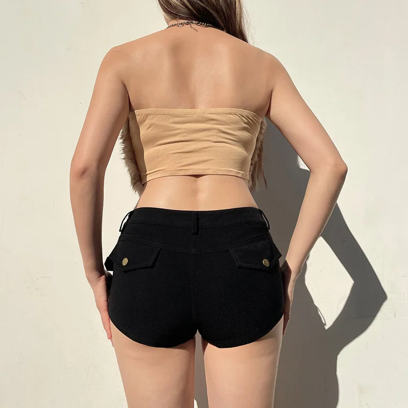 Goth Dark Punk Style Metal Buckle Ultrashort Pants Mall Goth Low Waist Skinny Shorts Cyber Y2K Streetwear Women Alt Hot Pants