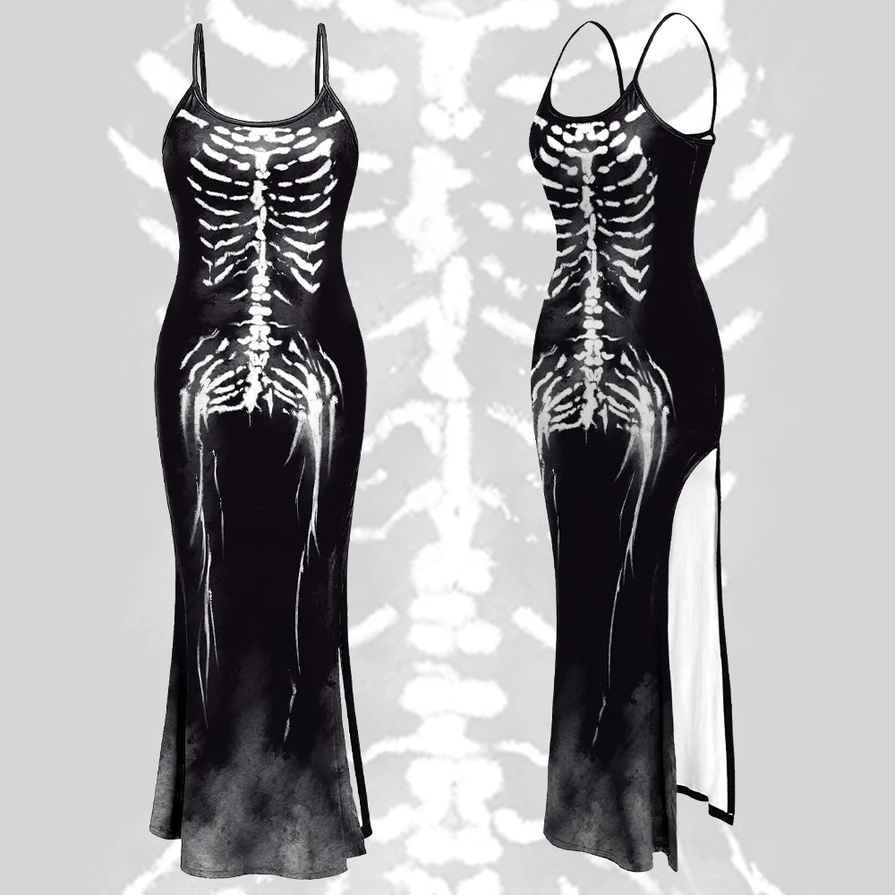 Sexy Punk Camisole Vest Long Dress Gothic Skeleton Pattern