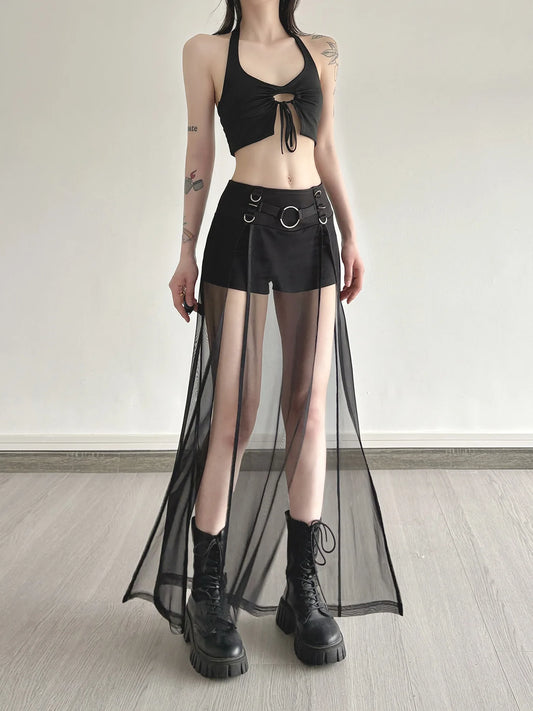 Alternative Gothic Shorts Hot Pants Sheer Skirt Y2K Clubwear
