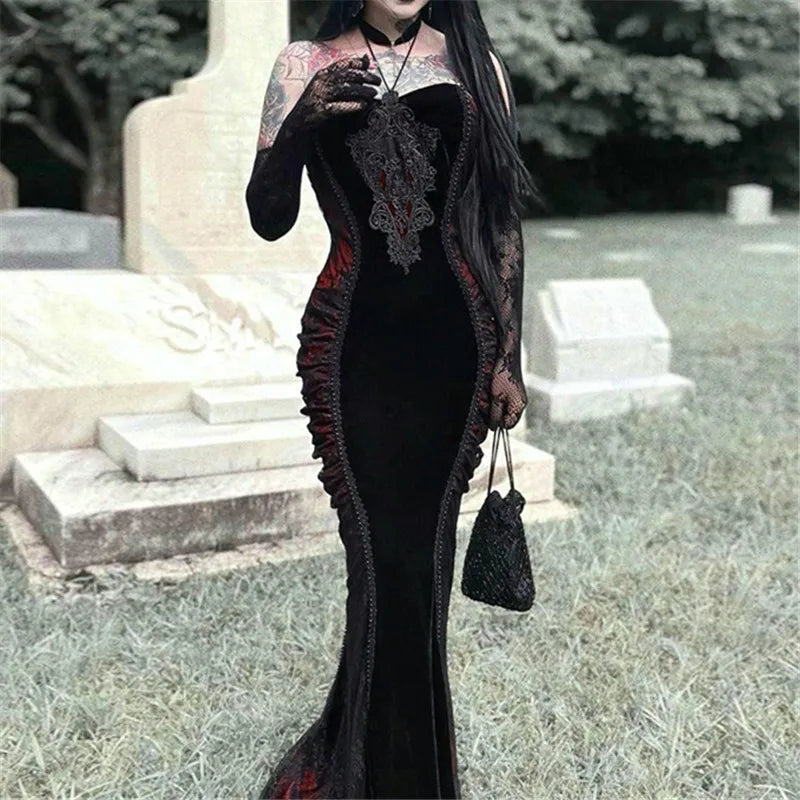 Victorian Gothic Velvet Lace Mesh Vampire Long Mermaid Dress