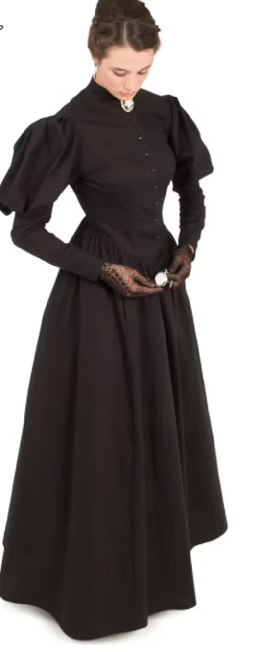 Gothic Victorian Mourning Day Dress Black Bustle Steampunk Ball Gown Wicked Costume Cosplay