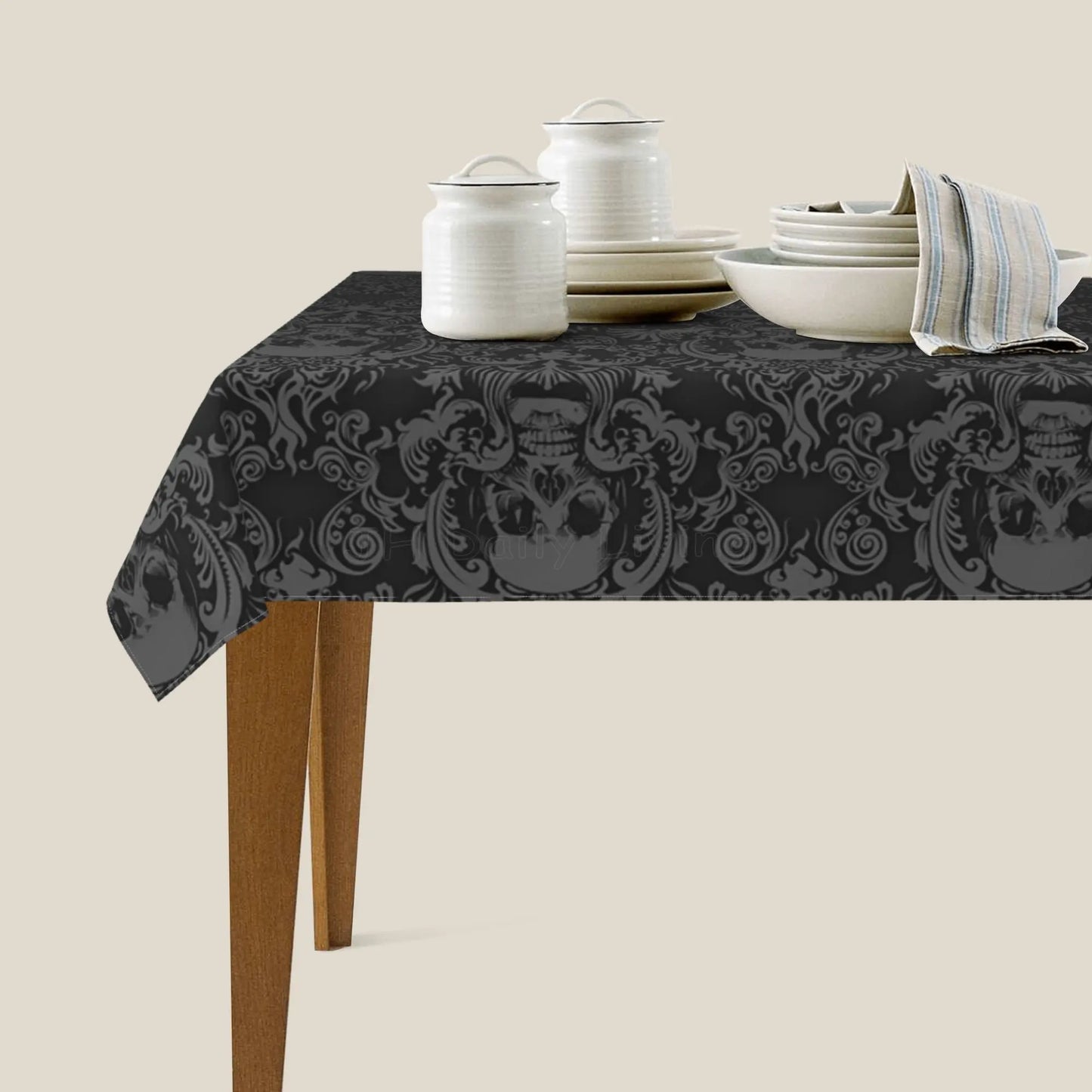 Gothic Skull Flower Black Rectangle Tablecloth Washable