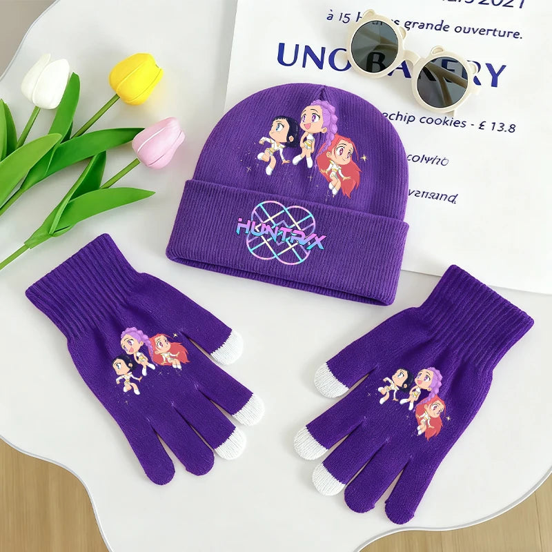 KPop Demon Hunters Knitted Hats Gloves 2pcs Set Huntrix Clothes Gifts