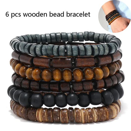 6pcs/set Fashion Men's Hand-beaded Bracelet Vintage Style Multi-layer Stretch Wood Bead Shell Charm Bracelet