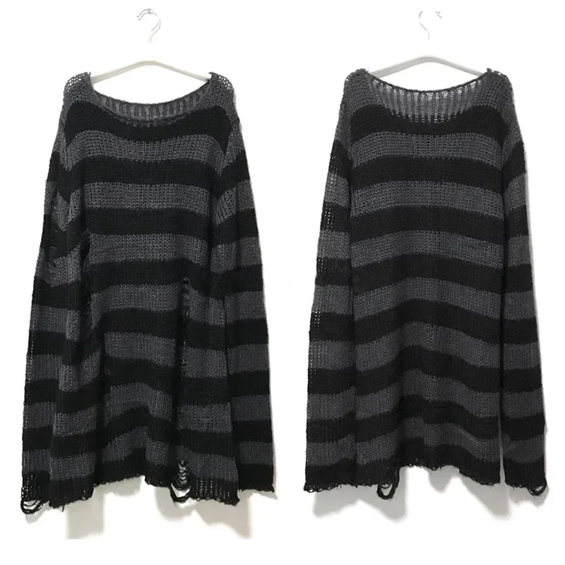 Purple Black Gradient Punk Gothic Long Unisex Sweater Striped Jumper