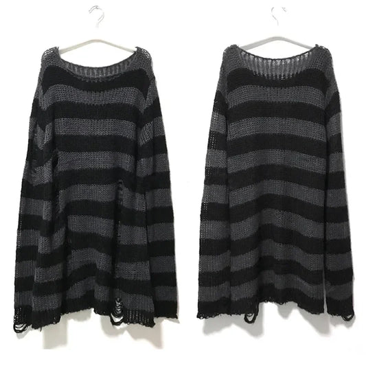 Punk Gothic Long Black Grey Striped Oversized Sweater Hollow Out Ribbed Jumper