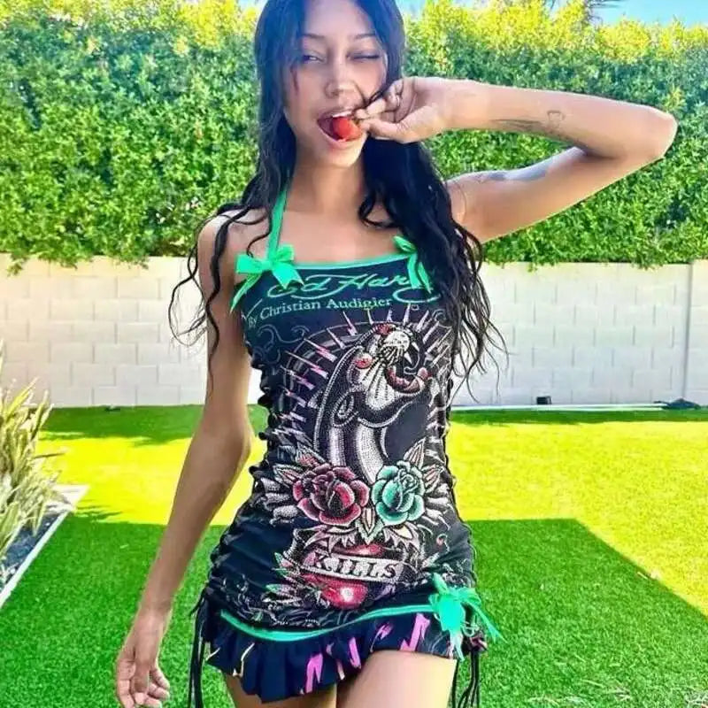 Alternative Punk Skull Printed Gothic Mini Lace Up Halter Y2k Bodycon Dress