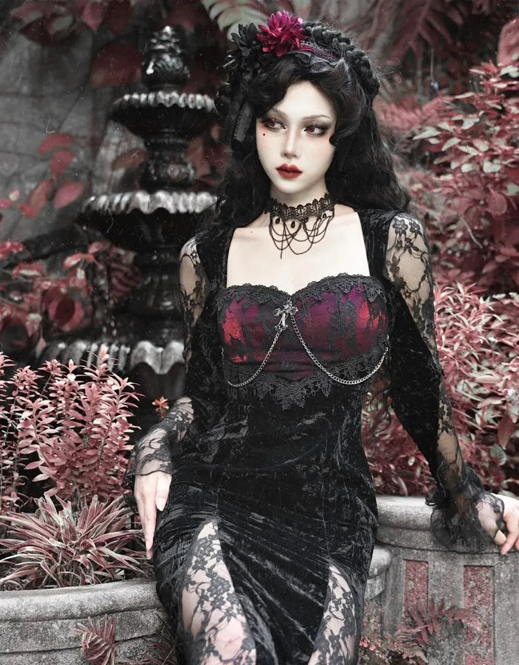 Sexy Victorian Gothic Fitted Black Velvet Lace Vampire Dress