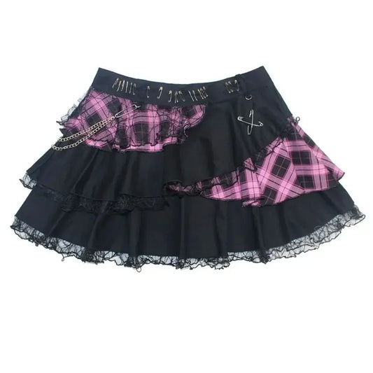 Cute Emo Black Pink Tartan Check Mini Skirt