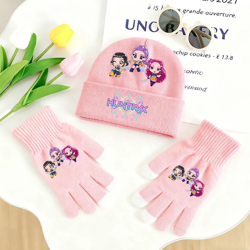 KPop Demon Hunters Knitted Hats Gloves 2pcs Set Huntrix Clothes Gifts