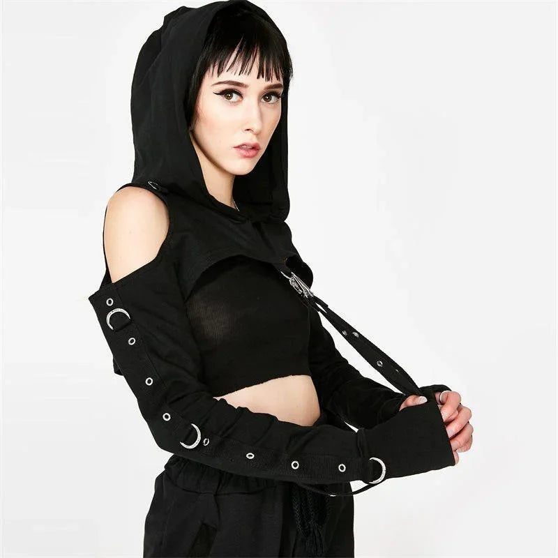 Black Gothic Hooded Crop Top Hoodie Harness Straps Punk Rave Sweater Jacket Shrug