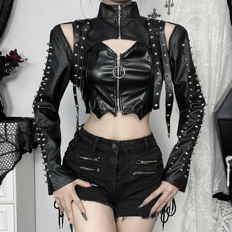 Black Punk Faux Leather Cropped Jacket Gothic Rivet Style Biker Studded Clothes