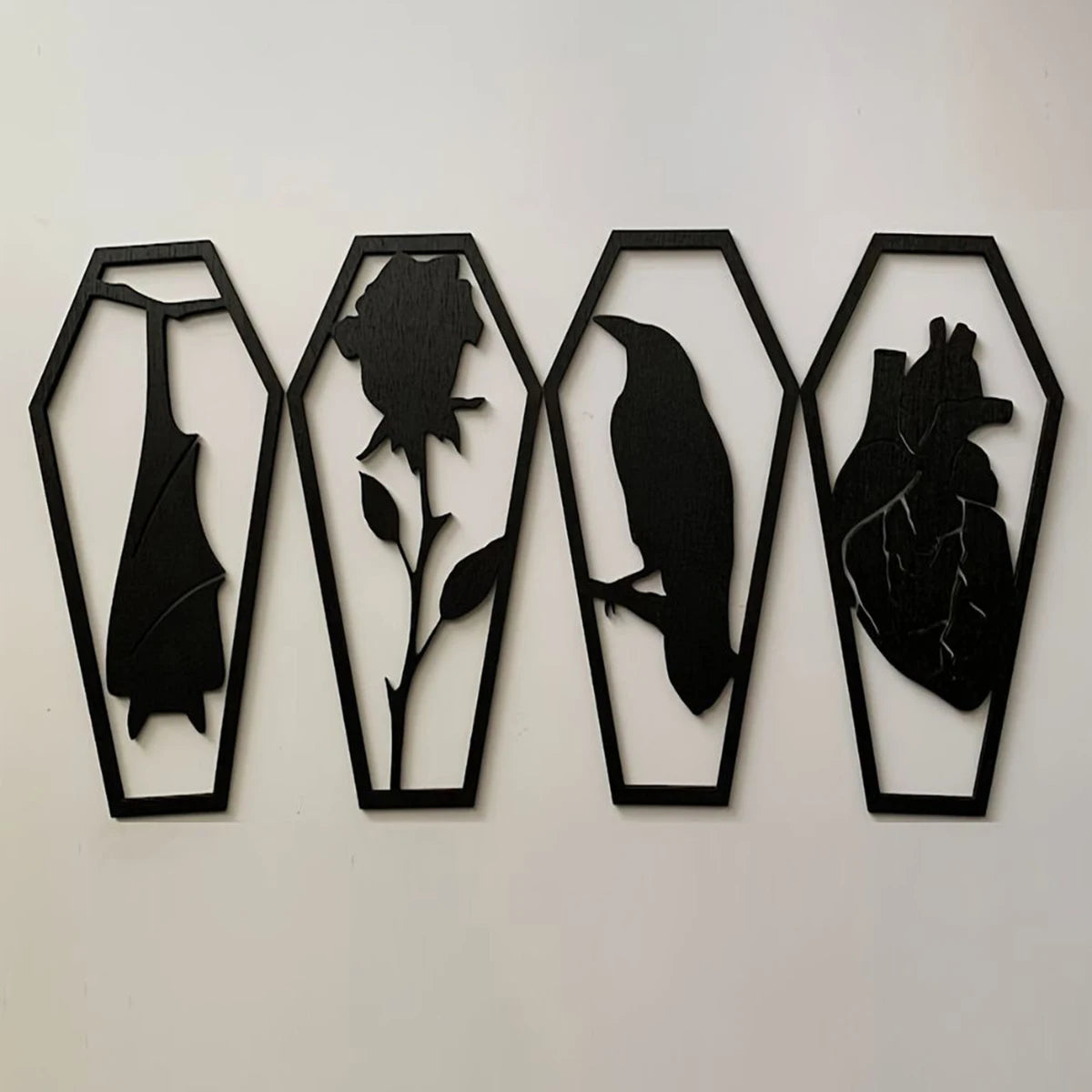 Coffin Shaped Gothic Home Decor Wooden Bat Crow Decoration Wall Hanging Art