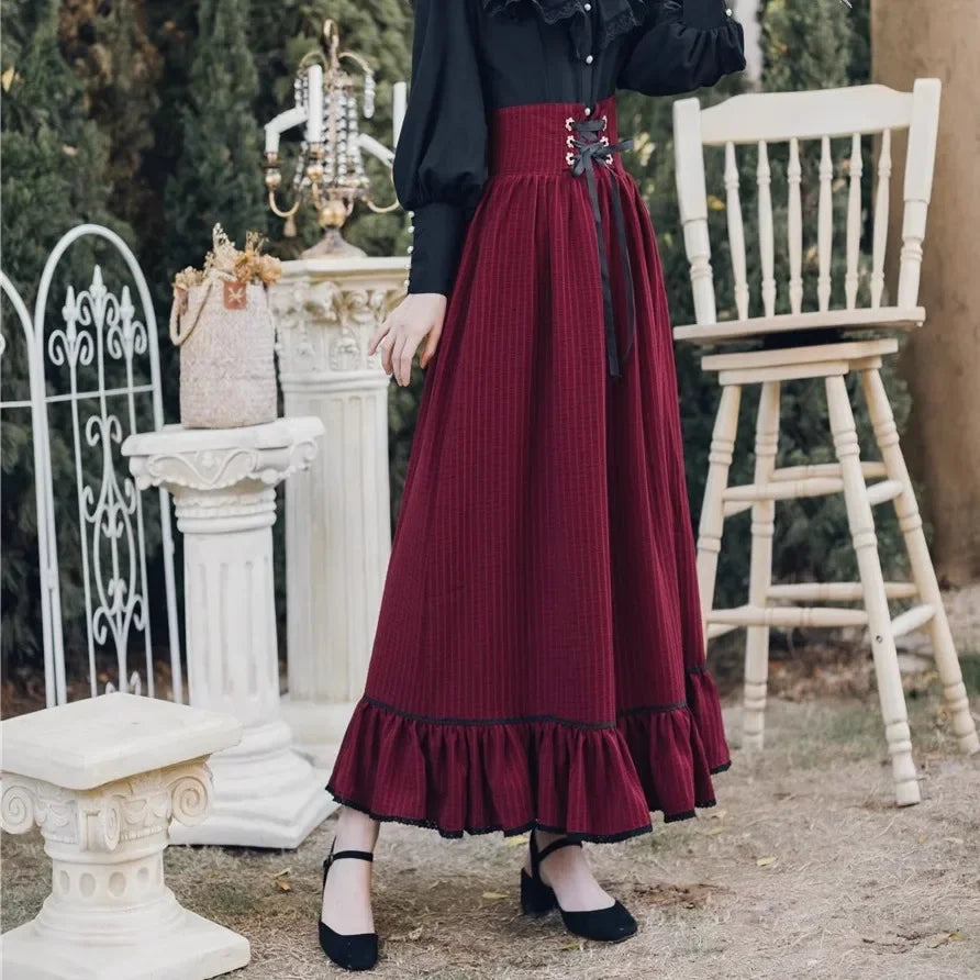 Vintage Gothic Black Lace Ruffle Blouse, Lace-up Long Skirt Outfit