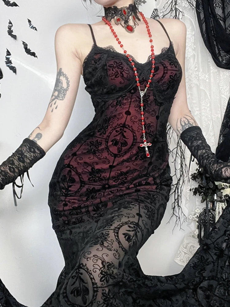AltGoth Vintage Dark Victorian Gothic Dress Lace Black Red