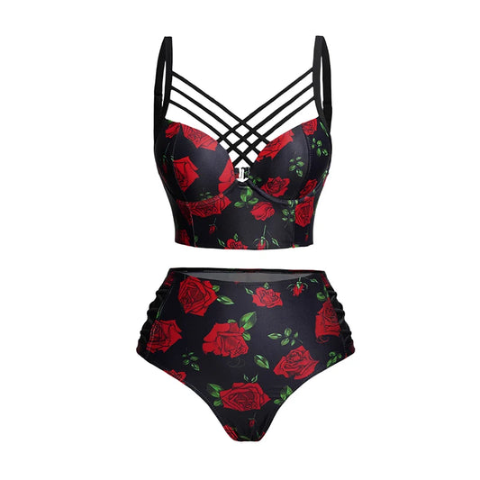 Gothic Rose Padded Bikini Set Vintage 1950s Retro Tankini Swimsuit Two Pieces Bathing Suit Beachwear