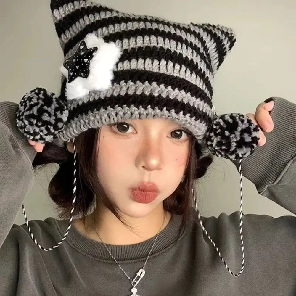 Cat Ears Pointed Striped Devil Star Knit Emo Pom Pom Beanie Hat
