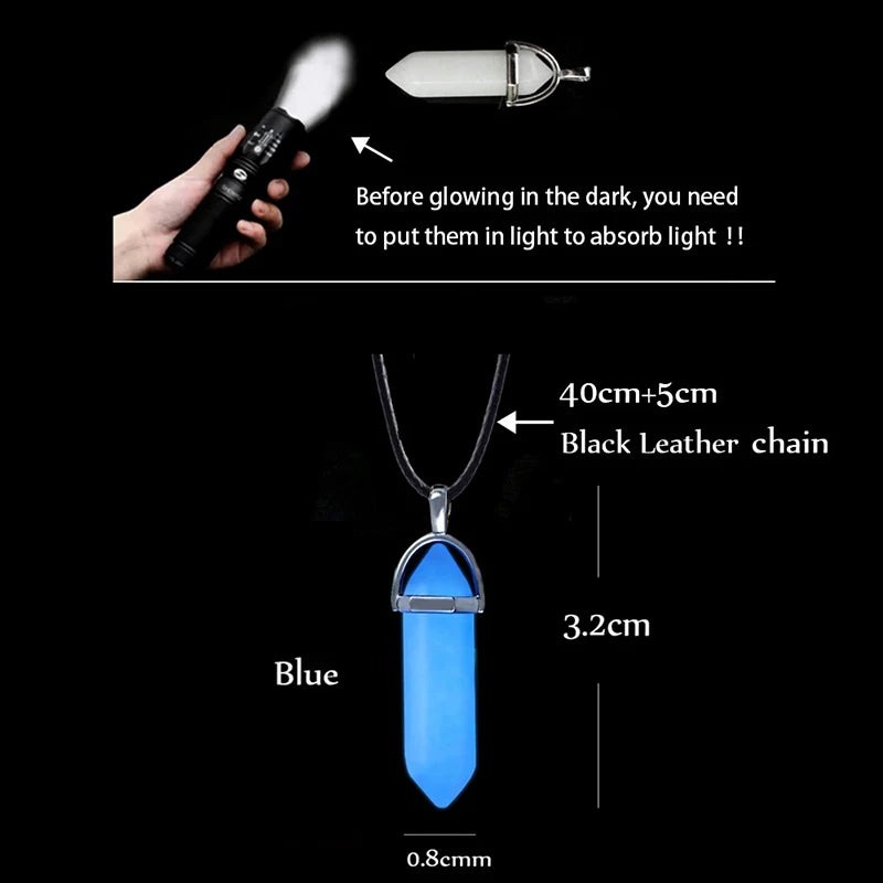 Luminous Stone Fluorescent Necklace Natural Crystal Glow in the Dark Bullet Pendant Leather Cord
